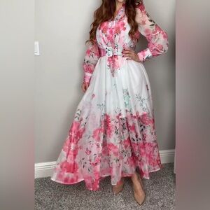 WATERCOLOR ROSE GARDEN TIE-NECK BELTED ORGANZA MAXI DRESS IN HOT PINK
